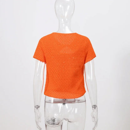 Elegant Sequined Orange Cardigans Women Y2k O-neck Short Sleeve One Button Female Tops 2025 Street Summer Lady Chic Knitwear