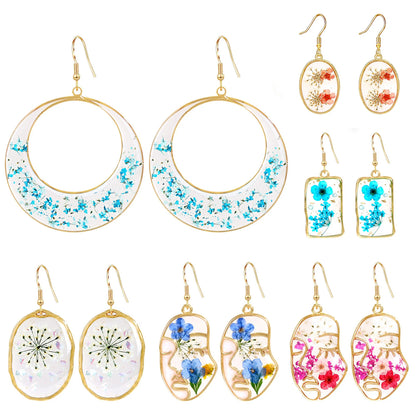 New In Earrings Dried Flower Crystal Dangle Hoop Earrings For Women Stainless Steel Diycharm Long Earring Cute Jewelry Wholesale A Set-6Pcs
