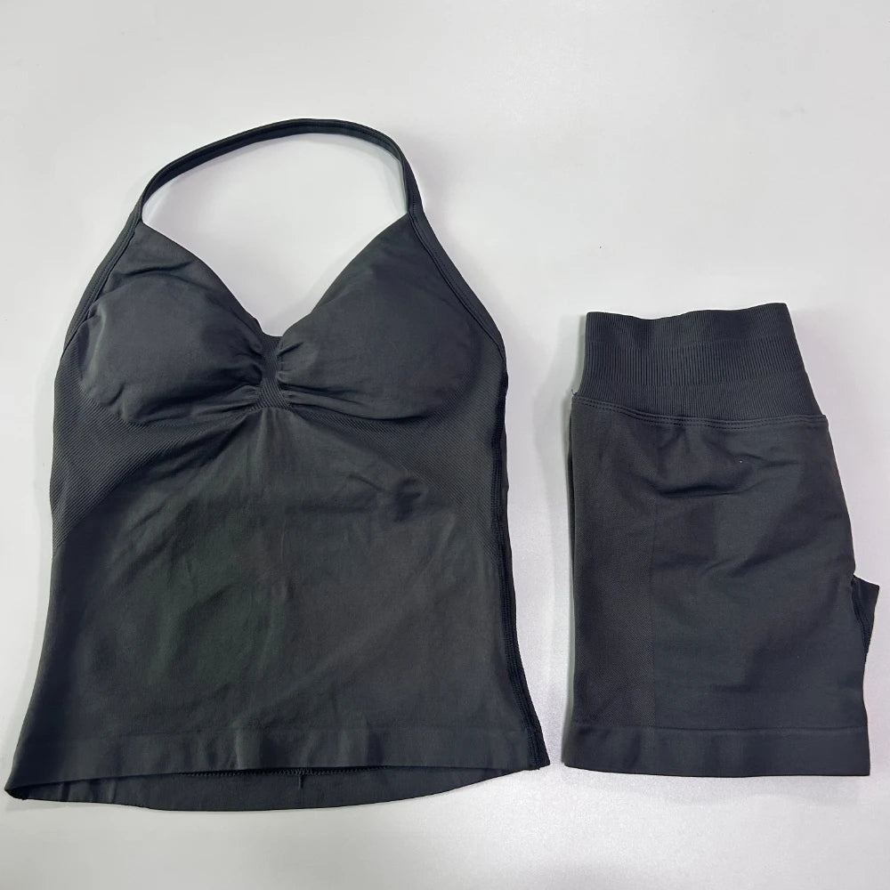 No Logo 2Pcs Gym Set Women Backless Tank Tops High Waist Scrunch Seamless Shorts Gym Suit Fitness Clothes Activewear Workout Set Badiee Stylez