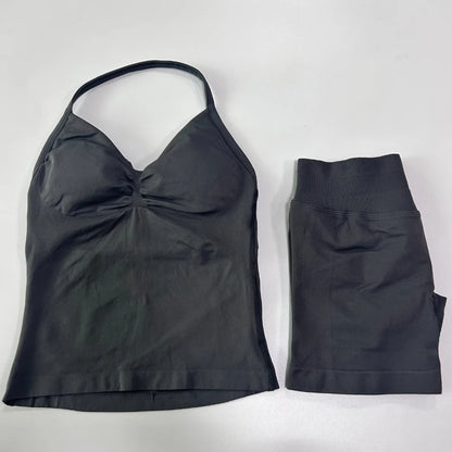 No Logo 2Pcs Gym Set Women Backless Tank Tops High Waist Scrunch Seamless Shorts Gym Suit Fitness Clothes Activewear Workout Set Badiee Stylez