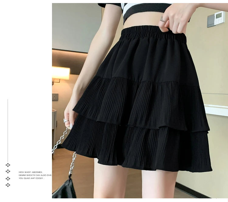 Casual Summer Ball Gown Pleated Skirts Women 2024 Korean Fashion Clothing Faldas Largas High Waist Black White A Line Mini Skirt