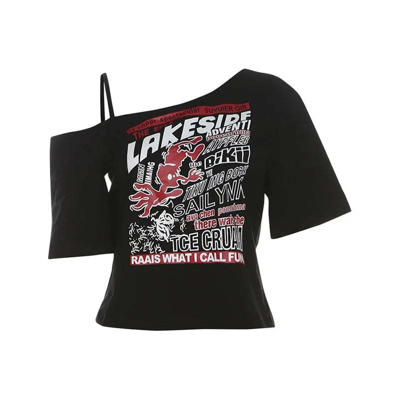 Gothic Tee Y2k Letter Print Off Shoulder Punk T-shirts Women Harajuku Summer Streetwear Grunge T Shirt Aesthetic Sexy Crop Tops black