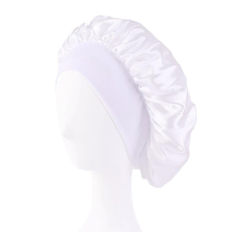 Women's Satin Solid Bonnets Wide-brimmed Night Sleeping Bathing Hat Unisex Head Wrap Elastic Band Cap Hair Care Bonnet WHITE One Size