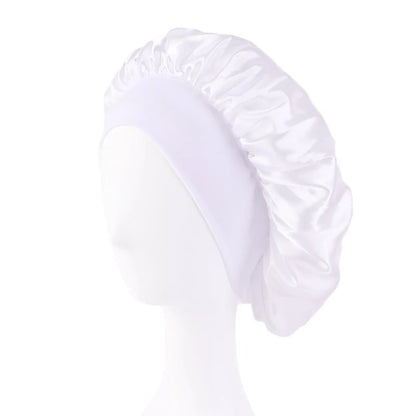Women's Satin Solid Bonnets Wide-brimmed Night Sleeping Bathing Hat Unisex Head Wrap Elastic Band Cap Hair Care Bonnet WHITE One Size