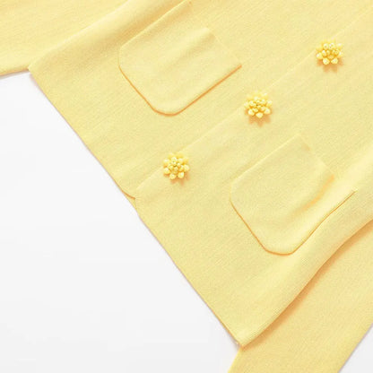 TRZA Women Fashion With Beaded Buttons Knit Cardigan Sweater Long Sleeve Patch Pockets Female Outerwear Chic Tops