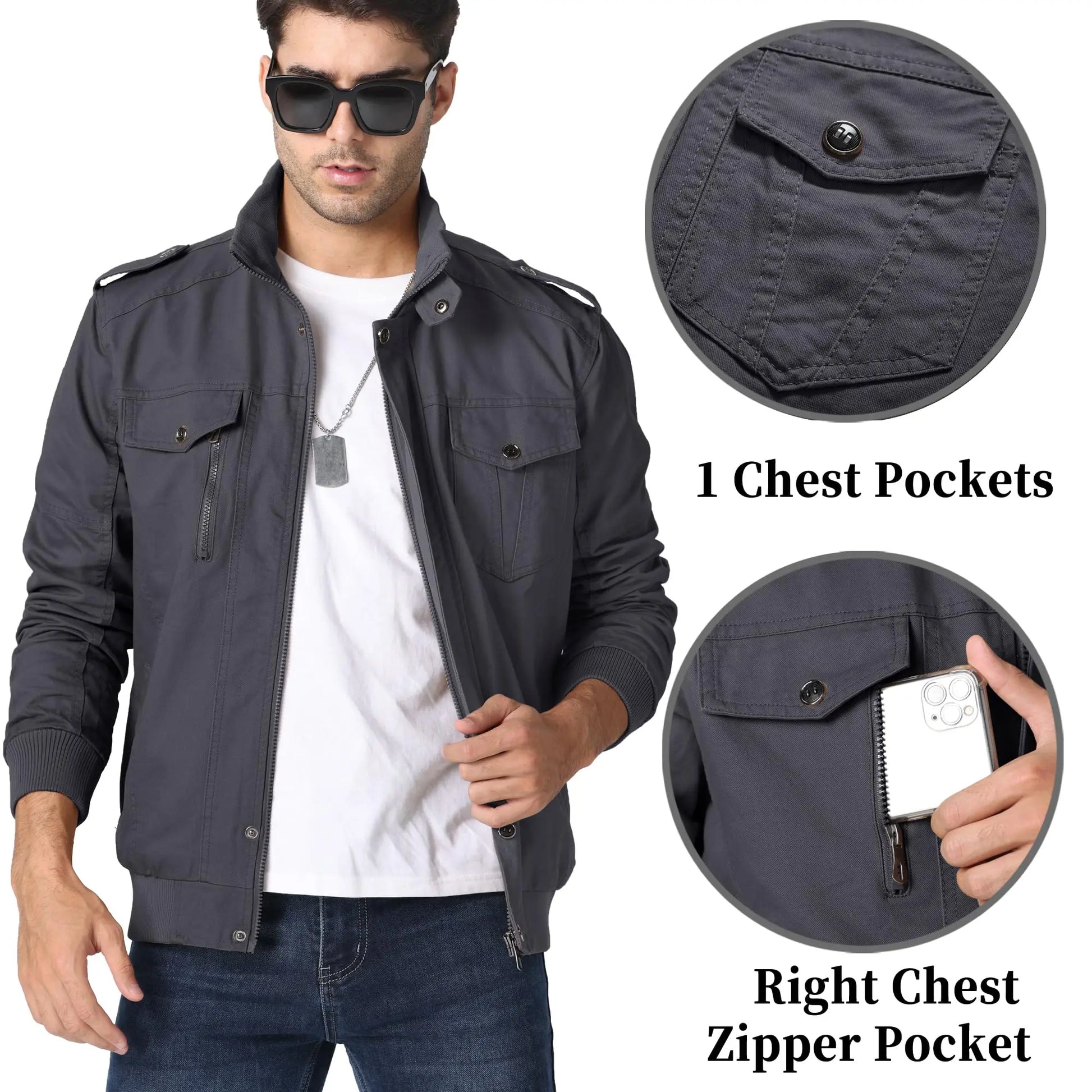 TACVASEN Full Zip Cargo Jacket Mens Retro Stand Collar Pilot Jacket Spring Autumn Lightweight Bomber Jacket Casual Outwear