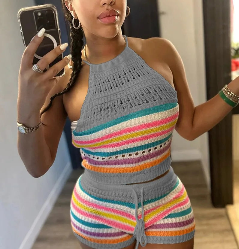 Striped Hollow Out Top & Drawstring Shorts Set Women Two Piece Set Y2k Club Beach Vest Halter Tops Elastic Waist Summer 2025