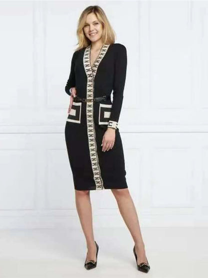 Women's Casual Dress V-neck Knit Elegant Long Sleeve Waisted Slim Fit Women Dresses Black Free Size Badiee Stylez