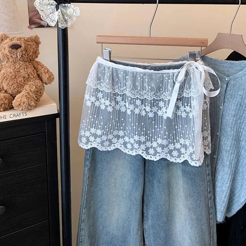 French Lace Up Short Fart Curtain Skirt Spring Layered Skirt INS Women Wrap Skirt Bandage Dress Apron Curtain Expansion Skirt 4 One Size