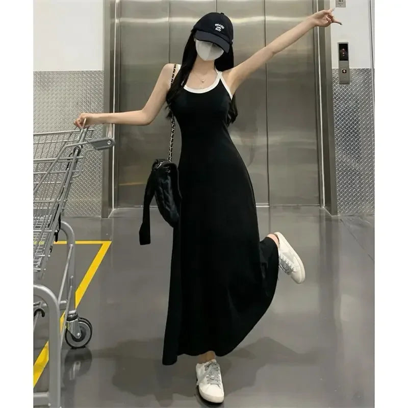 New Fashion Summer Black Loose Slip Dress Off Shoulder Solid Simplicity All-match Sleeveless Dress Temperament Women Clothing