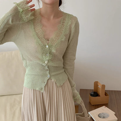High-fashion Kawaii Botton Up Lace Patchwork Knitted Cardigan Women Autumn Winter Ladies Elegant Vintage Sweater Cheap Wholesale green One Size