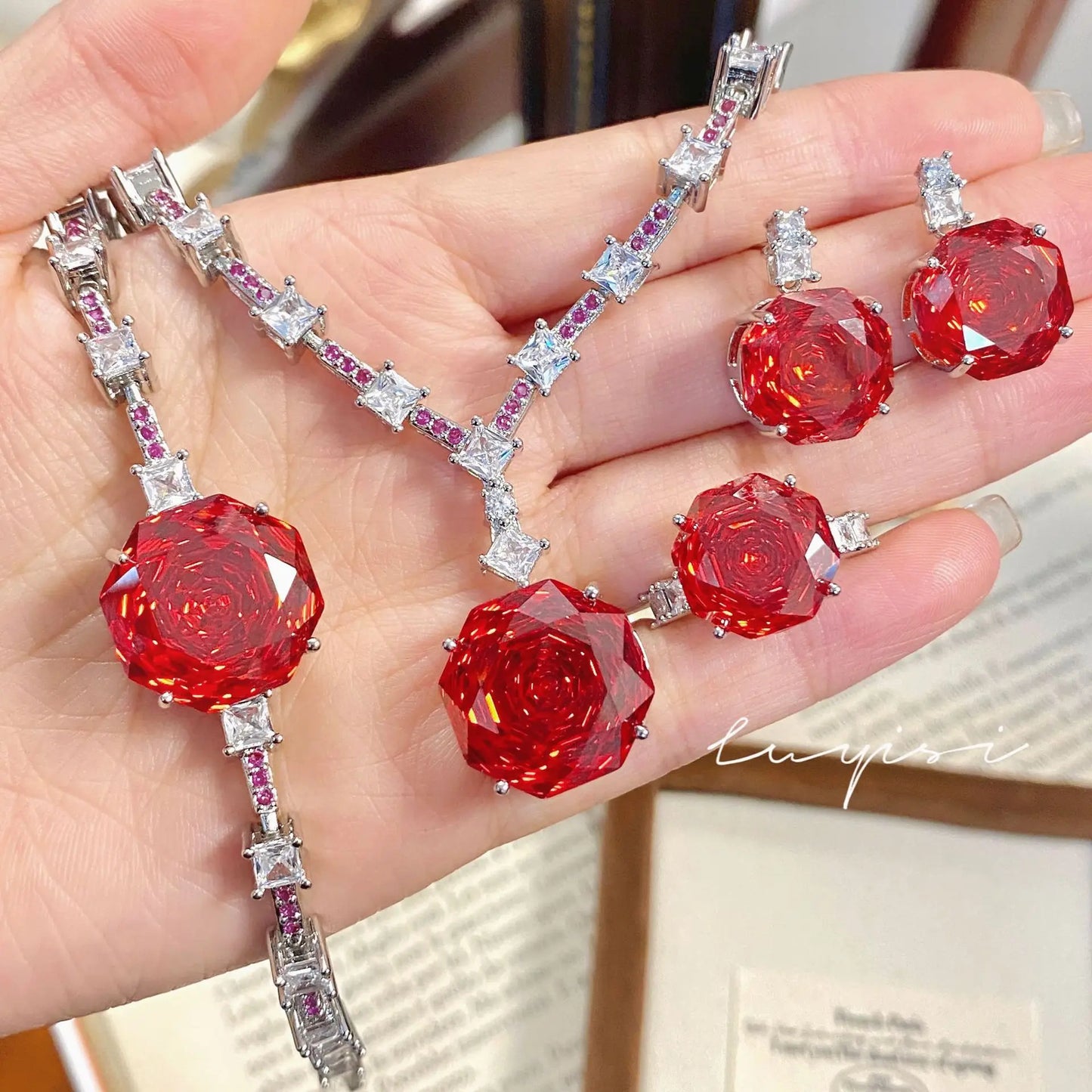 High Quality Rose Purple Pink Crystal Zircon Jewelry Set Necklace for Women Earrings Ring Bracelet Wedding Banquet Party Holiday Badiee Stylez