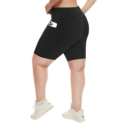 Plus Size Fit Yoga Shorts for Women's High Waist Side Pocket Workout Running Tight Stretchy Athletic Summer Fashion Slim Shorts