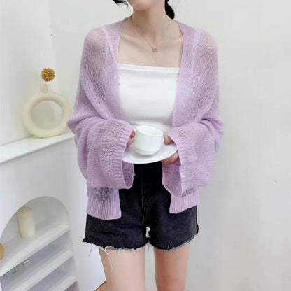 Knitted Cardigan for Women Summer Oversized Knit Loose Coat Sweater Korean Top Solid Cropped Cardigan Y2k Sweater Beach Blouses E One Size