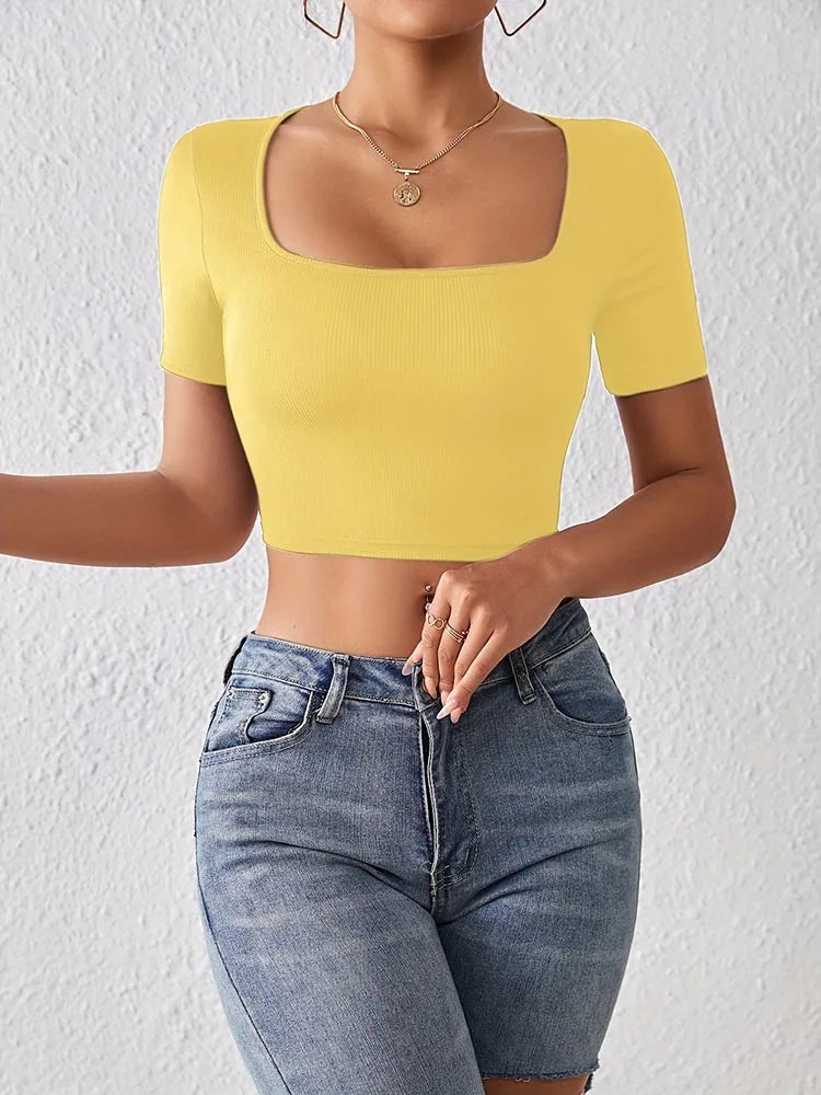 Solid Square Neck Crop T-Shirt Y2K Sexy Short Sleeve T-Shirt For Spring & Summer Women's Clothing Yellow