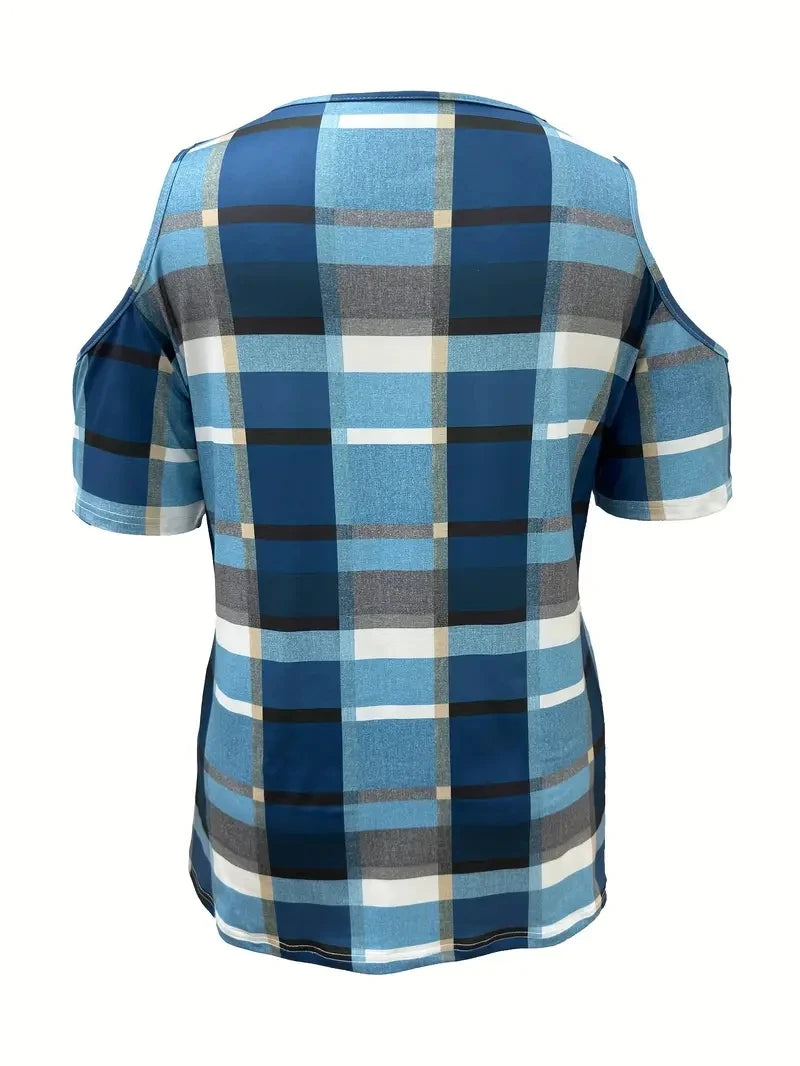 Plus Size Plaid Print T-Shirt Casual Cold Shoulder Half Zip Short Sleeve T-Shirt Women s Plus Size Clothing