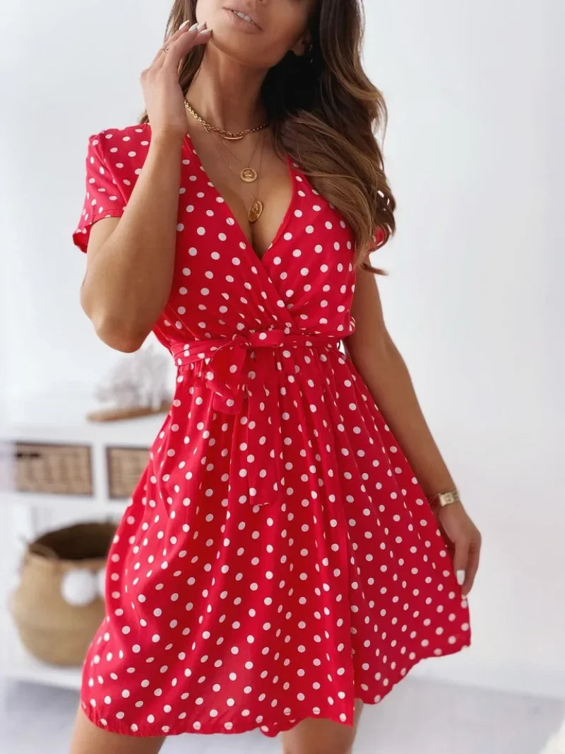 Summer Women's Polka Dot Printed Short Sleeved Casual Dress Fashionable V-neck Belt Commuting Dress Holiday Party Women's Dress Red