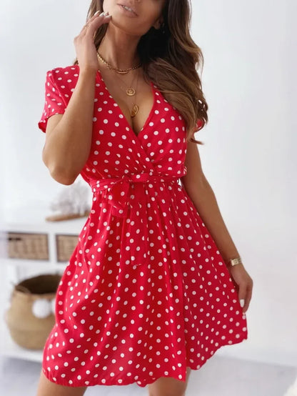 Summer Women's Polka Dot Printed Short Sleeved Casual Dress Fashionable V-neck Belt Commuting Dress Holiday Party Women's Dress Red