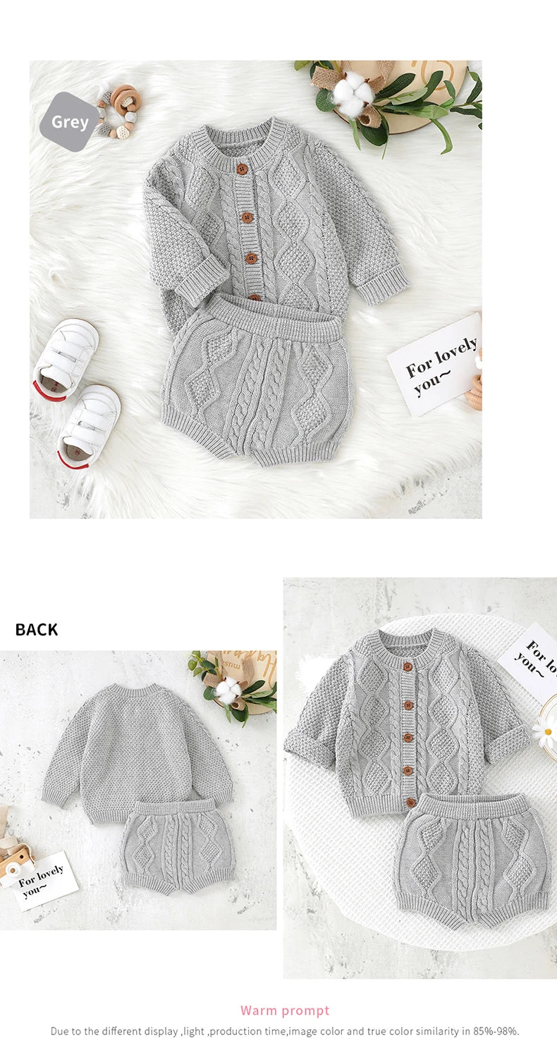 Baby Clothes Sets Cotton Knitted Newborn Boys Girl Sweater Long Sleeve +Pants Autumn Infant Children Cardigan +Shorts 0-18M 2PCS