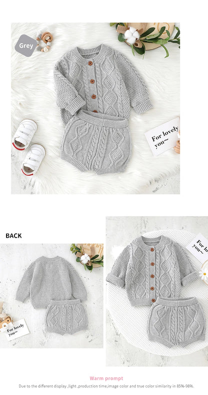 Baby Clothes Sets Cotton Knitted Newborn Boys Girl Sweater Long Sleeve +Pants Autumn Infant Children Cardigan +Shorts 0-18M 2PCS