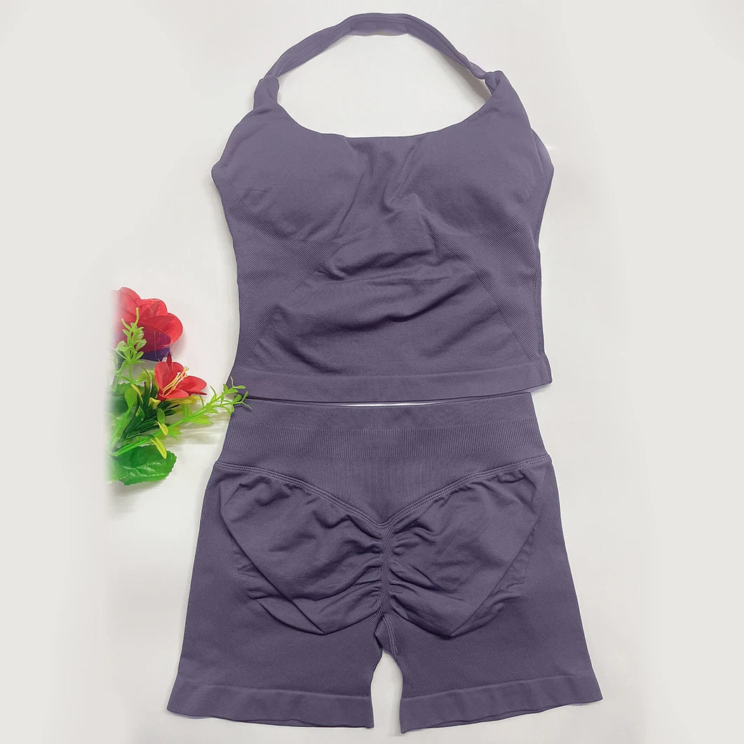two piece DF yoga clothing set outfits woman yoga Impact Halter Top and spors shorts 4.5 inch Gym workout sets pilates clothes Badiee Stylez