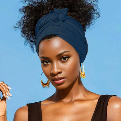 Hot selling stretch jersey turban african headband solid color super soft extra long breathable headband for women Navy Blue