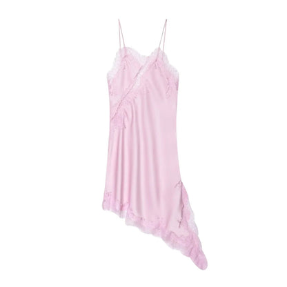 Satin Sexy Lace Spliced Short Sling Dress Women Sleeveless Backless Asymmetric Sexy Party Dresses 2025 Summer Lady Dress ﻿ Badiee Stylez