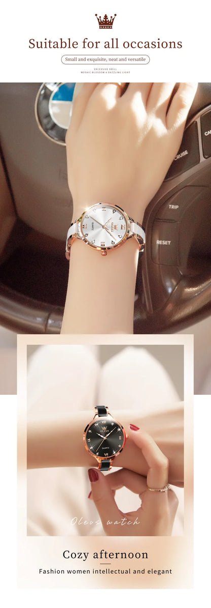 OLEVS Luxury Brand Women's Watches Elegant Fashion Ceramic strip Waterproof Japan Imports Quartz Watch Dress Lady Watch Simple