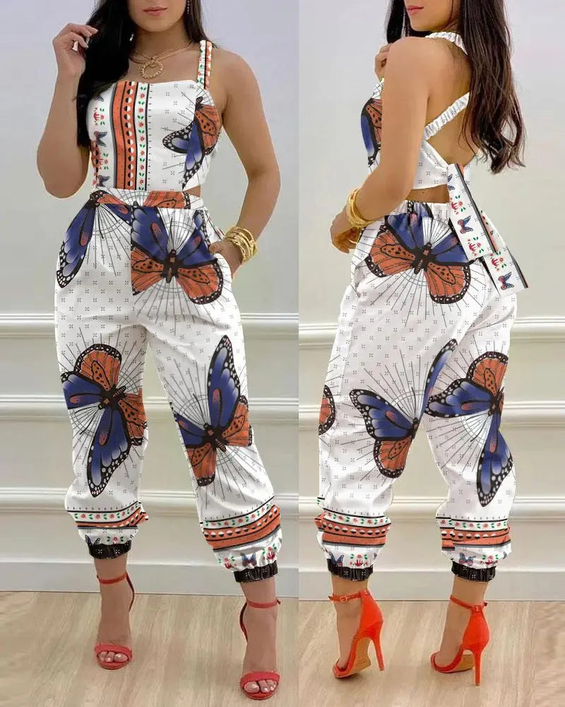 New Summer Fashion Printed Sleeveless Jumpsuit Sexy Hollow Backless Lace Up Long Jumpsuits Elegant Casual Jumpsuit With Pocket Badiee Stylez