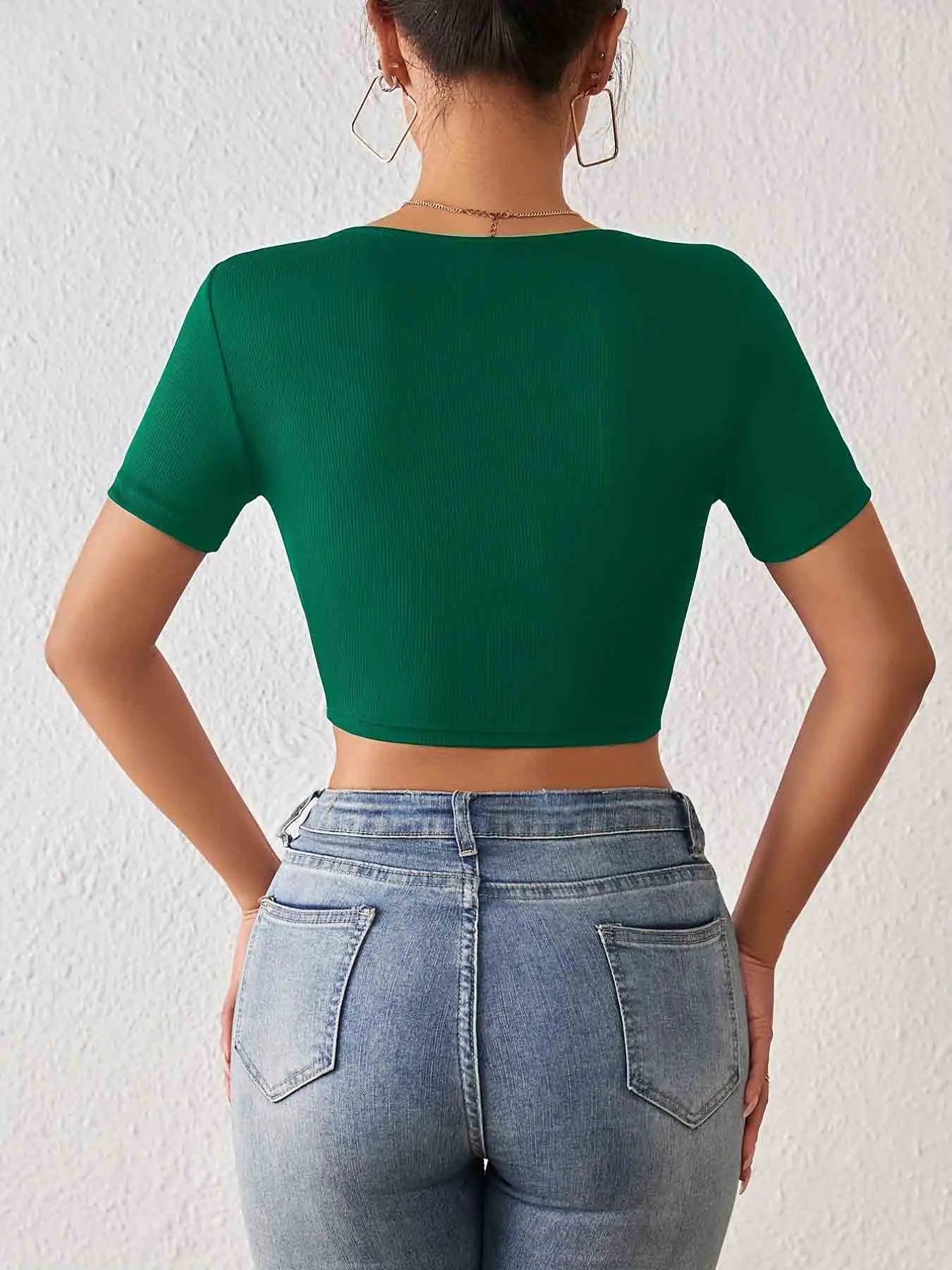 Solid Square Neck Crop T-Shirt Y2K Sexy Short Sleeve T-Shirt For Spring & Summer Women's Clothing