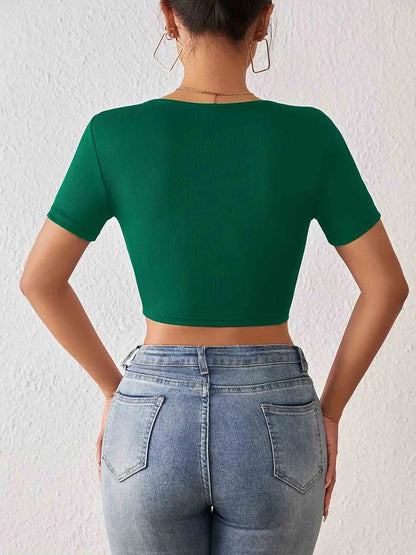 Solid Square Neck Crop T-Shirt Y2K Sexy Short Sleeve T-Shirt For Spring & Summer Women's Clothing