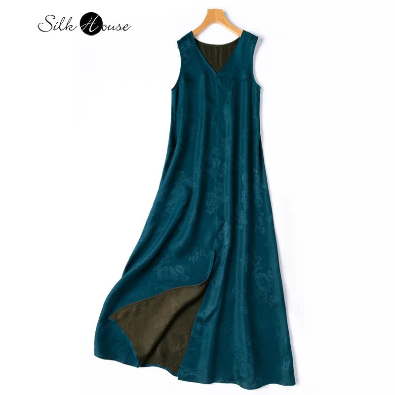 2025 Women's Summer New Luxury 100% Natural Mulberry Silk Jacquard Satin V-neck Split Double Sided Sleeveless Vest Dress Badiee Stylez