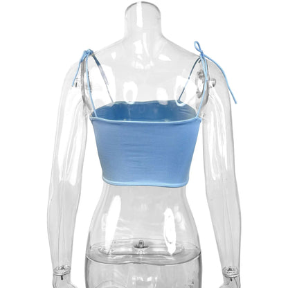 Fairyshely Sexy Female Summer Tied Strap Top 2025 Women Lace Sleeveless Bodycon Short Vest Lady Blue Off Shoulder Clud Crop Tops