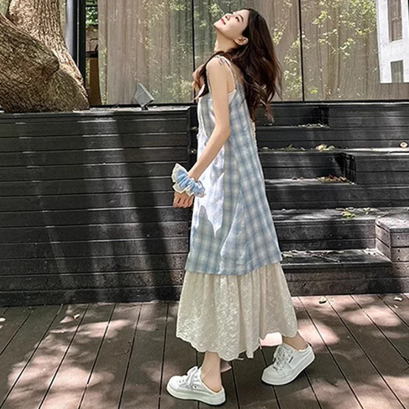 Women Plaid Fake Two Piece Suspender Dress Women Summer Retro Loose Long Lace Patchwork Plaid Sleeveless Dress for Women 2025