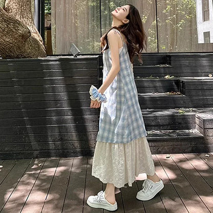 Women Plaid Fake Two Piece Suspender Dress Women Summer Retro Loose Long Lace Patchwork Plaid Sleeveless Dress for Women 2025