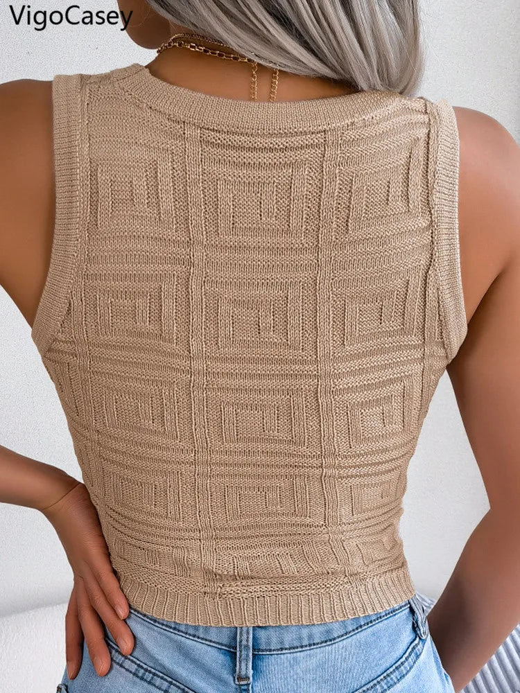VigoCasey 2025 Summer Lady Sexy Bodycon Crop Top Women Solid Hollow Knit Vest Female Sleeveless Casual Clud Short Tops Clothes