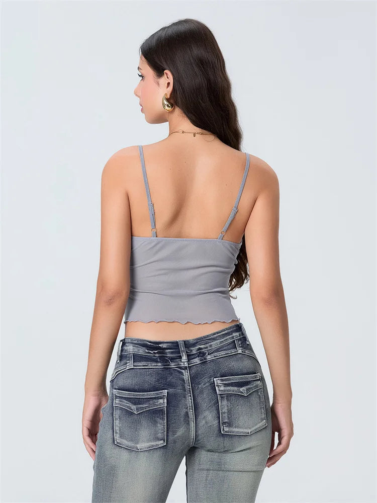 Women Camisole Tops Spaghetti Straps Tulle Patchwork Slim Fit Tank Tops Party Club Sexy Vinateg Corset Cropped Top Summer