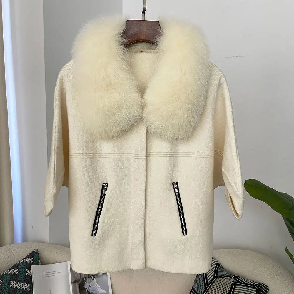 FURYOURSELF 2025 New Real Fox Raccoon Fur Collar Coat Knitted Sweater Women Short Sleeve Jacket Thick Warm Outerwear streetwear
