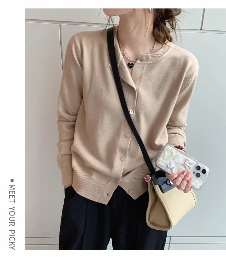 New 2025 Spring Summer Knit Cardigan O-Neck Solid Color Fashion High-Grade Comfortable Slim Casual Knitwear Tops