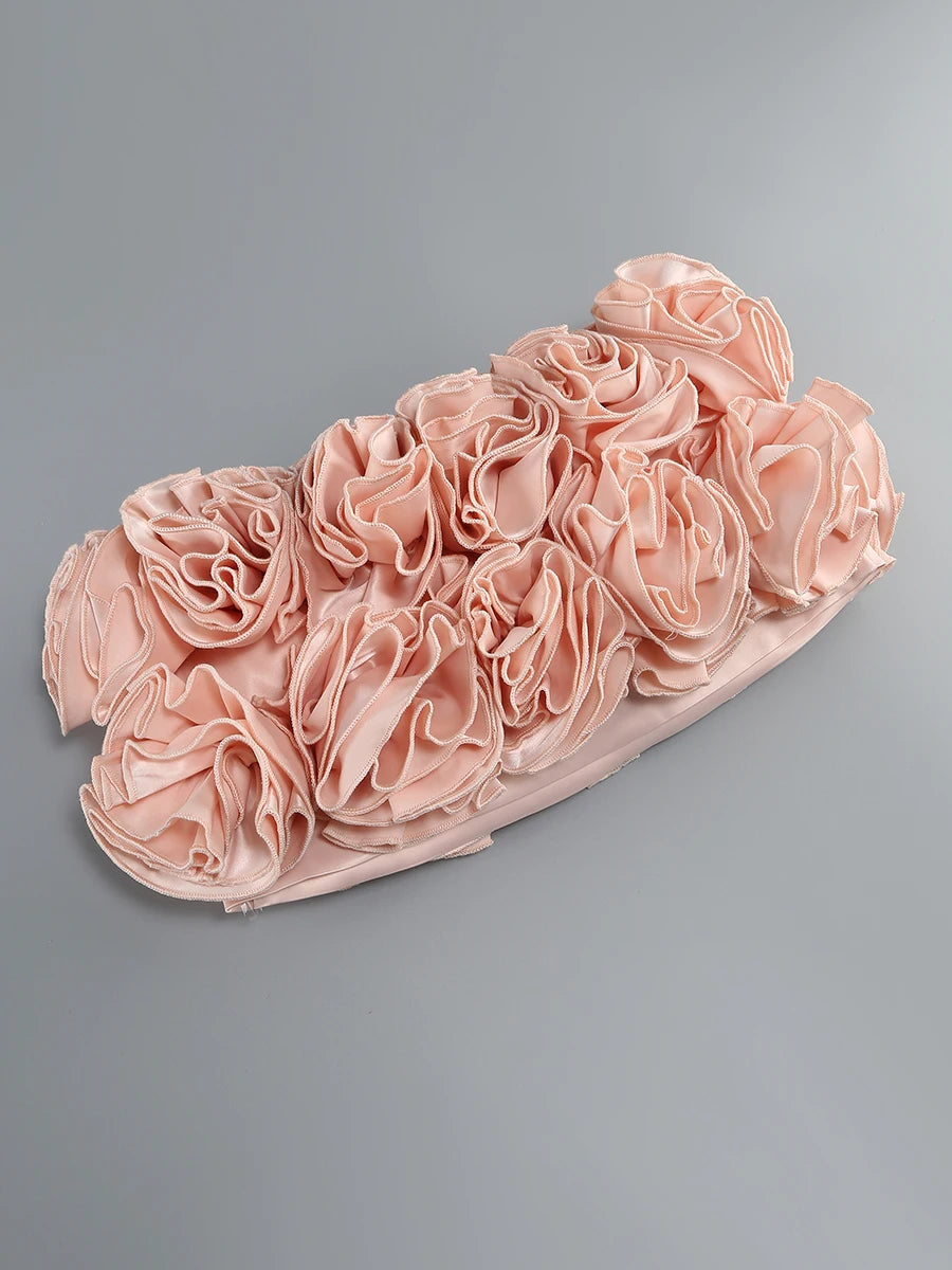 Pink Prom Dress Strapless Pink Structured Top With Floral Embellished Mini Skirt Bodycon Celebrity Party Cocktail 2 Pieces Set