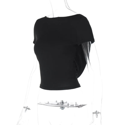 O Neck Short Sleeve Backless Ruched Crop Top Women'S Tshirt Y2K Streetwear Summer Spring Dropshipping Casual Clothing