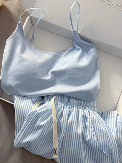 Striped Sleepwear Women Pajama Sets Spaghetti Strap Piiama Shorts Sets 2 Pieces Korean Night Wears Summer Cute Home Suit 2025