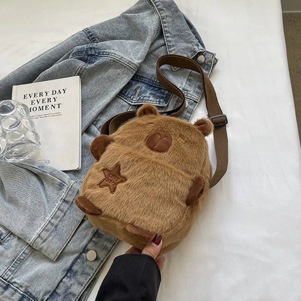 Cute Plush Capybara Crossbody Bag Large Capacity Shoulder Bag Girls Coin Purse Adjustable Zipper Plush Mobile Phone Pouch