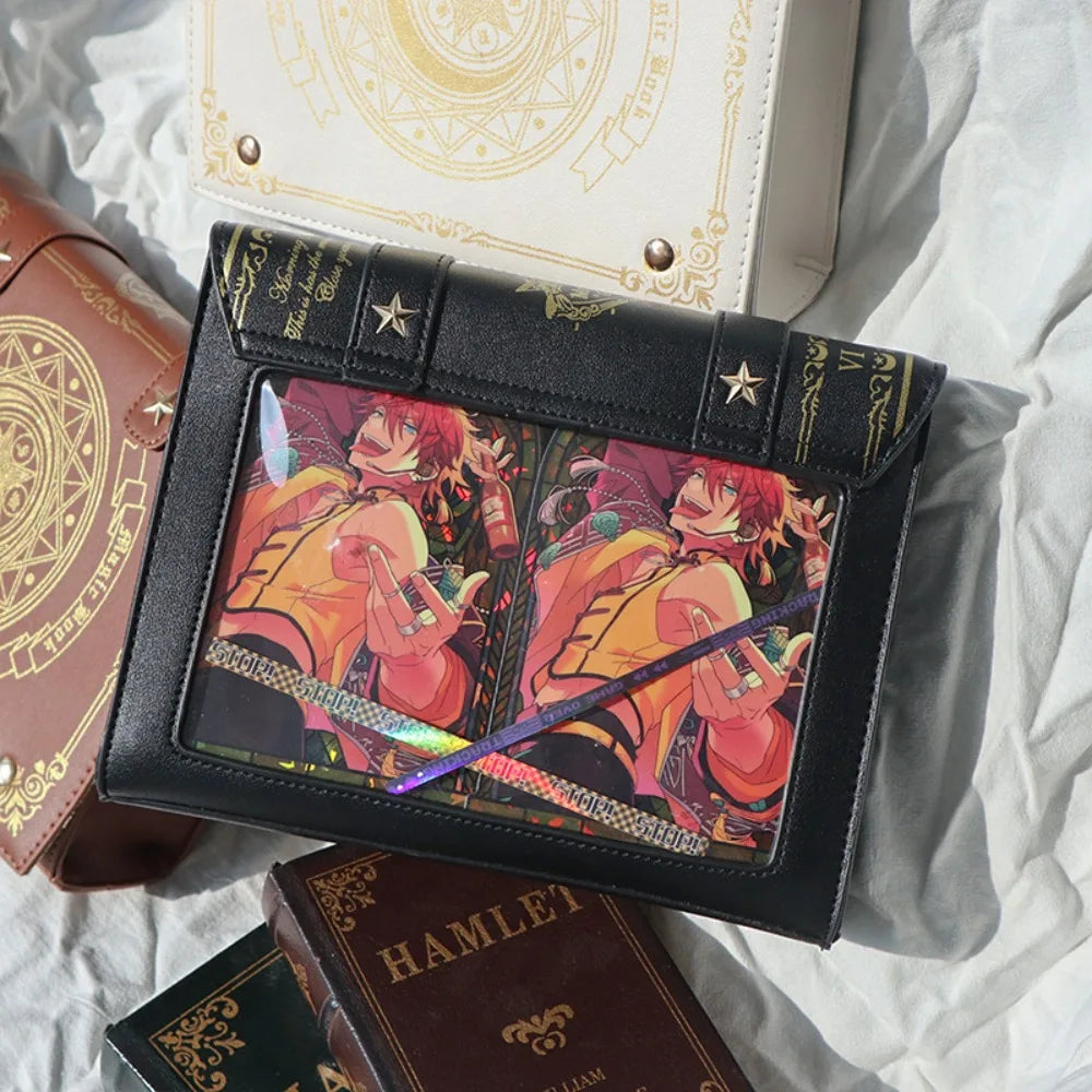 Kawaii Star Moon Badge Display Shoulder Bag Magic Book Design Transparent Window Women Messenger Bag PU Girls Ita-bag Lolita