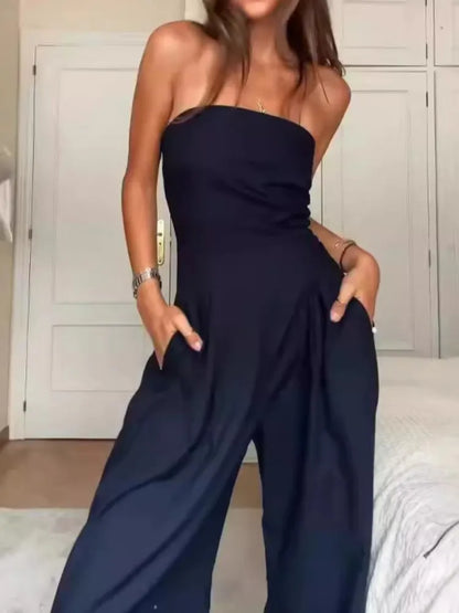 Summer Women's Jumpsuit Fashion Strapless Solid Color Sleeveless Loose Wide Legs Pants Casua Romper High Streetwear Female Cloth Badiee Stylez