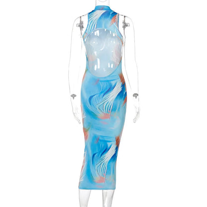 Hugcitar Tie Dye O Neck Sleeveless Backless Sexy Bodycon Slit Midi Dress 2023 Summer Women Fashion Clothes Y2K Streetwear Party