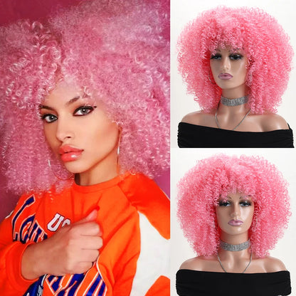16 Inch Afro Kinky Curly Hair Wigs With Bangs Soft Fluffy Synthetic Fiber None Lace Wigs For Party Cosplay Daily Use Badiee Stylez