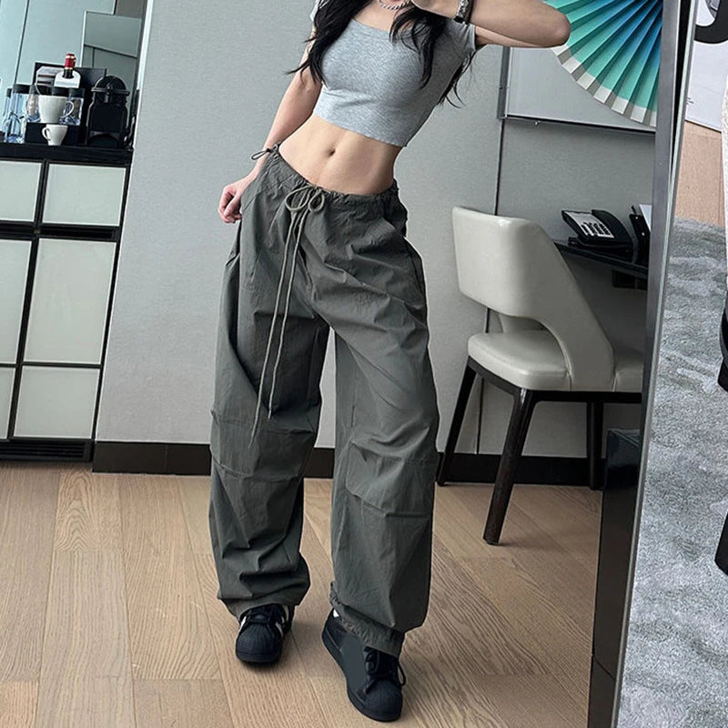 Rimocy Lace Up Y2K Parachute Pants Women Hip Hop Streetwear Oversized Cargo Pants Woman Harajuku Wide Leg Baggy Sweatpants Mujer Badiee Stylez