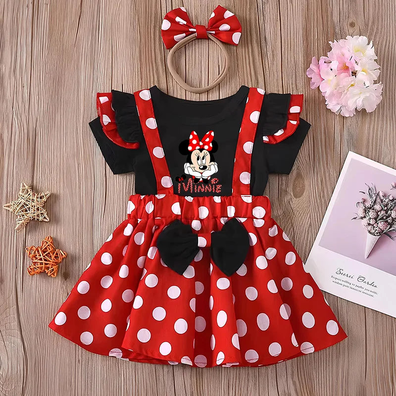 Minnie Mouse Girl Set Children Dress Baby Clothing Set Summer Birthday Costume Polka Dot Suspender Skirt Bow Headband skirt suit