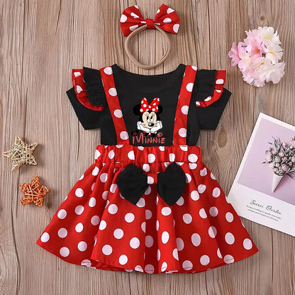 Minnie Mouse Girl Set Children Dress Baby Clothing Set Summer Birthday Costume Polka Dot Suspender Skirt Bow Headband skirt suit